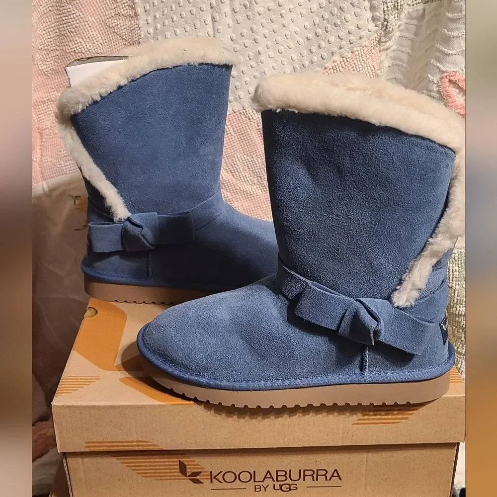 NEW UGG Koolaburra Shearling Sheepskin Bow Ribbon Blue Boots 6 And 10